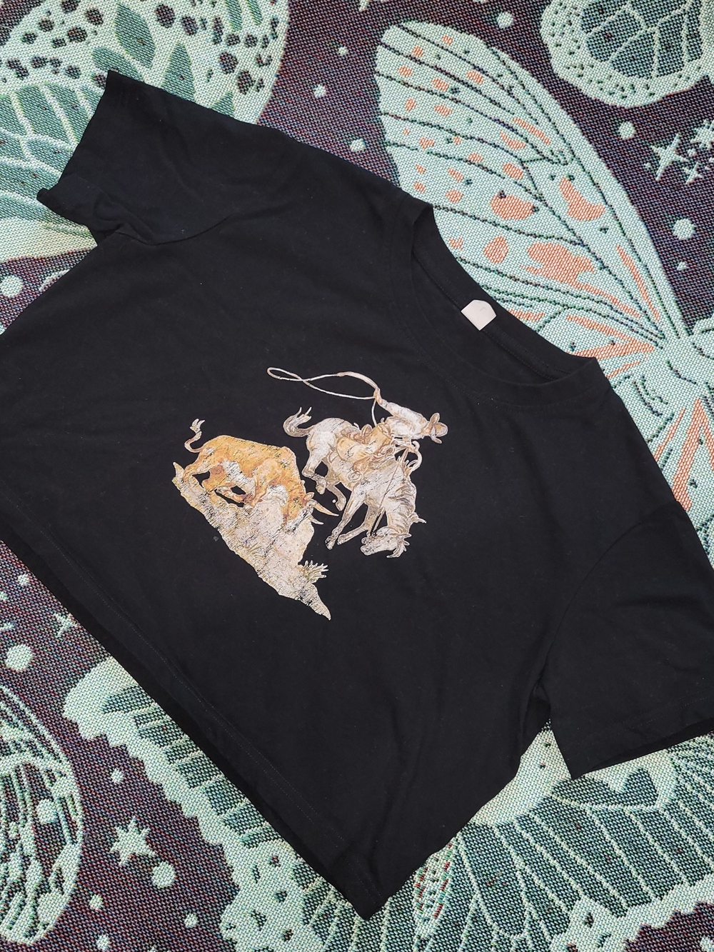 Black Western Graphic Tee with Cowboy & Bull Print